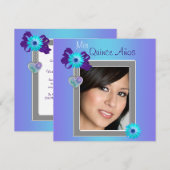 Invitation Turquoise Purple Daisy Photo Quinceanera (Devant / Derrière)