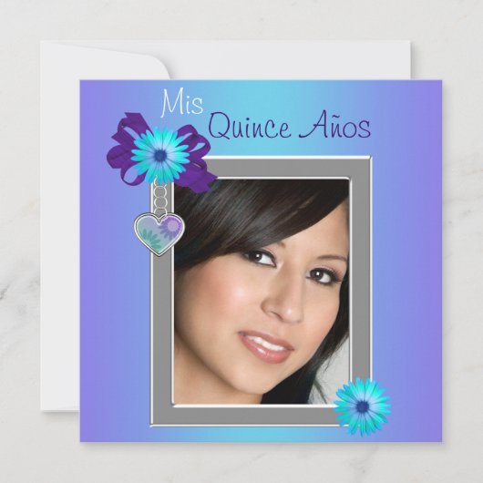 Invitation Turquoise Purple Daisy Photo Quinceanera (Devant)