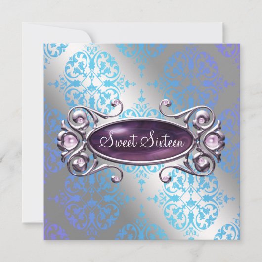 Invitation Turquoise Purple Damask Sweet 16 Anniversaire (Devant)