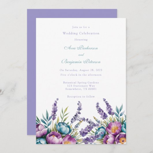 Invitation Turquoise Purple Fleur sauvage Mariage Célébration (Devant / Derrière)