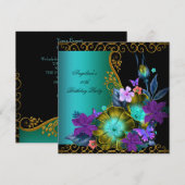 Invitation Turquoise Purple Floral Black Gold fête d'annivers (Devant / Derrière)