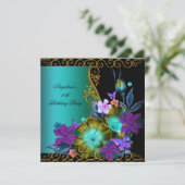 Invitation Turquoise Purple Floral Black Gold fête d'annivers (Debout devant)