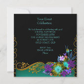 Invitation Turquoise Purple Floral Black Gold fête d'annivers (Dos)
