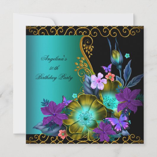 Invitation Turquoise Purple Floral Black Gold fête d'annivers (Devant)