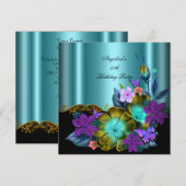 Invitation Turquoise Purple Floral Black Gold fête d'annivers (Devant / Derrière)