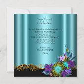 Invitation Turquoise Purple Floral Black Gold fête d'annivers (Dos)
