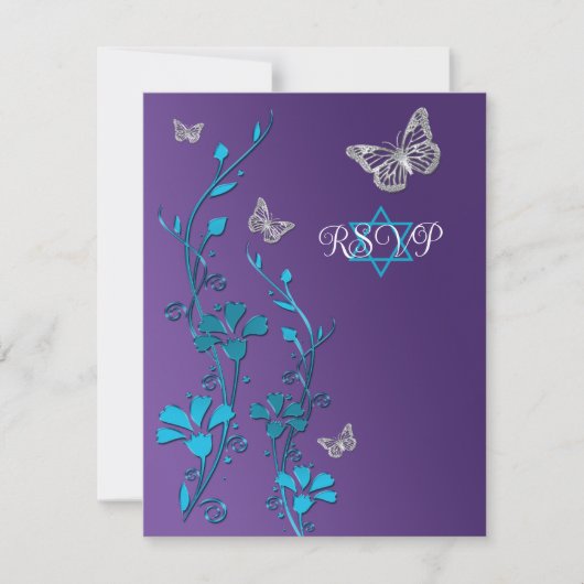 Invitation Turquoise, Purple Floral, Butterflies RSVP Card (Devant)