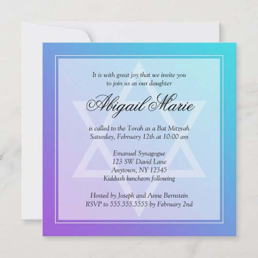 Invitation Turquoise Purple Star de David Bat mitzvah Carré (Devant)