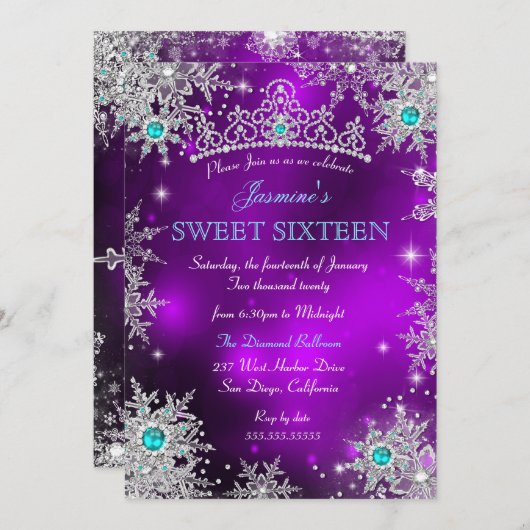 Invitation Turquoise Purple Winter Wonderland Sweet 16 Snowfl (Devant / Derrière)