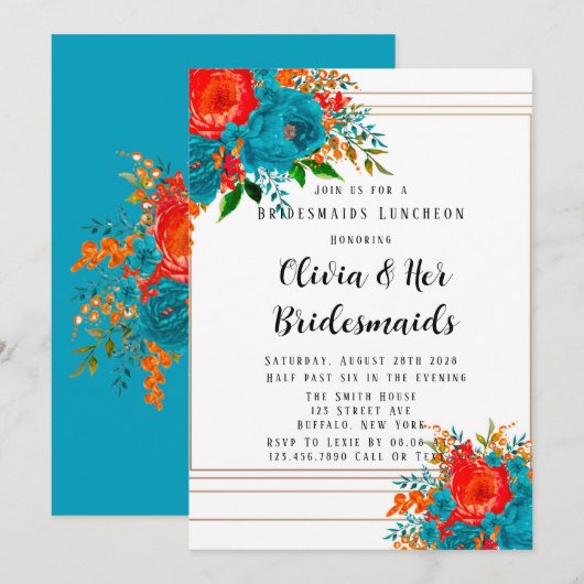 Invitation Turquoise Red Orange Floral Bridesmaiers Luncheon  (Devant / Derrière)