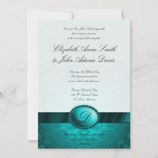 Invitation Turquoise Ribbon Mariage damassé (Devant)
