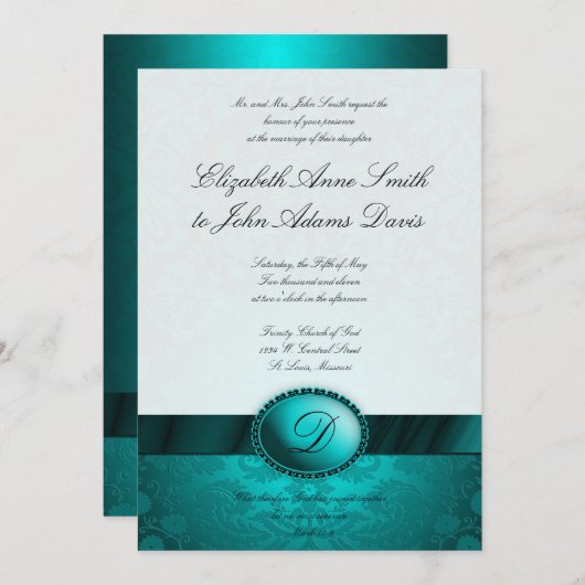Invitation Turquoise Ribbon Mariage damassé (Devant / Derrière)