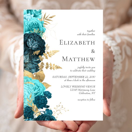 Invitation Turquoise romantique Blue Gold Floral Mariage