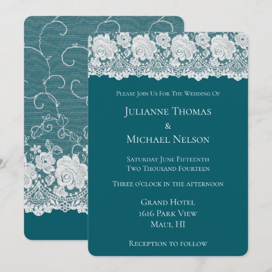 Invitation Turquoise romantique dentelle blanche Mariage flor (Devant / Derrière)