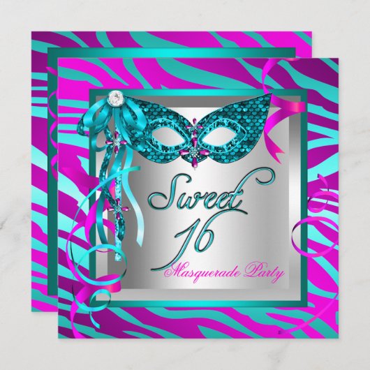 Invitation Turquoise rose chaud Zèbre Masquerade Sweet 16 Sei (Devant / Derrière)