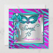 Invitation Turquoise rose chaud Zèbre Masquerade Sweet 16 Sei (Devant)