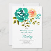 Invitation Turquoise Rose de pêche Floral Mariage (Devant)