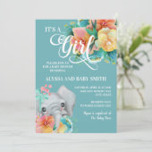 Invitation Turquoise rose jaune Floral Eléphant bébé fille Do (Debout devant)