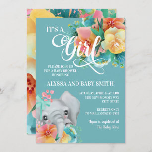 Invitation Turquoise rose jaune Floral Eléphant bébé fille Do