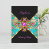 Invitation Turquoise rose or Damask Floral fête d'anniversair (Debout devant)