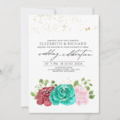 Invitation Turquoise rose rose rouge vert vert Mariage (Devant)