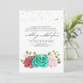 Invitation Turquoise rose rose rouge vert vert Mariage (Debout devant)