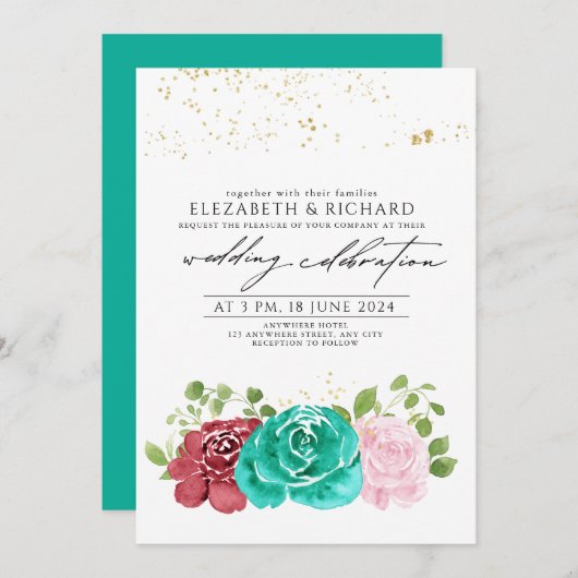 Invitation Turquoise rose rose rouge vert vert Mariage (Devant / Derrière)