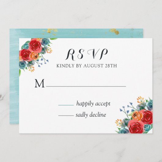 Invitation Turquoise rouge orange aquarelle Roses mariage RSV (Devant / Derrière)