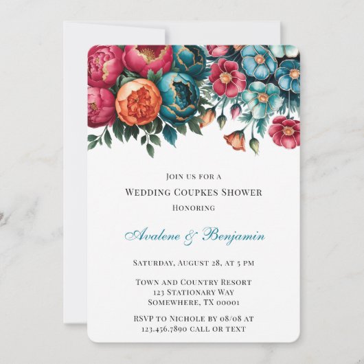 Invitation Turquoise Rouge Orange Floral Or Mariage Couples D (Devant)