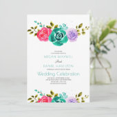 Invitation Turquoise rouge violet Rose Floral Mariage (Debout devant)
