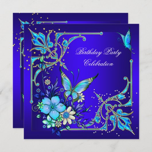 Invitation Turquoise Royal Blue Butterfly fête d'anniversaire (Devant / Derrière)