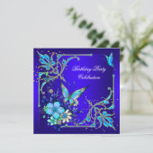 Invitation Turquoise Royal Blue Butterfly fête d'anniversaire (Debout devant)