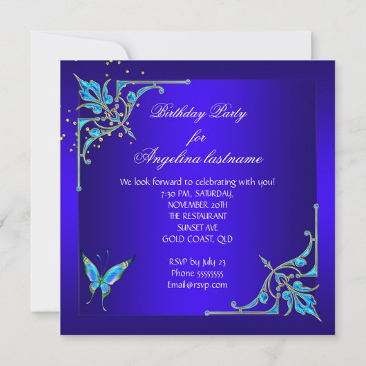 Invitation Turquoise Royal Blue Butterfly fête d'anniversaire (Dos)