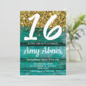 Invitation Turquoise Rustic Gold Parties scintillant 16 Anniv (Debout devant)