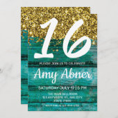 Invitation Turquoise Rustic Gold Parties scintillant 16 Anniv (Devant / Derrière)