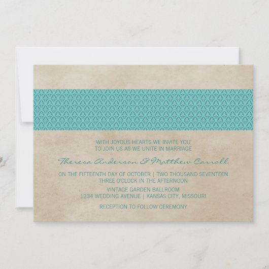 Invitation turquoise Rustic Mariage damassé (Devant)