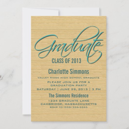 Invitation turquoise Rustic Script Graduation (Devant)