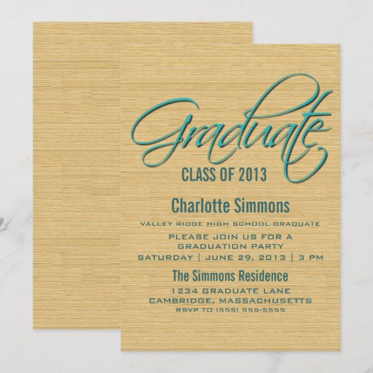Invitation turquoise Rustic Script Graduation (Devant / Derrière)