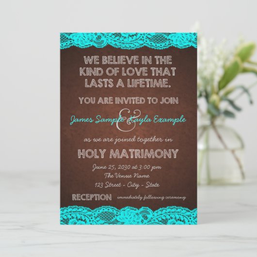 Invitation Turquoise rustique et Mariage Brown (Debout devant)