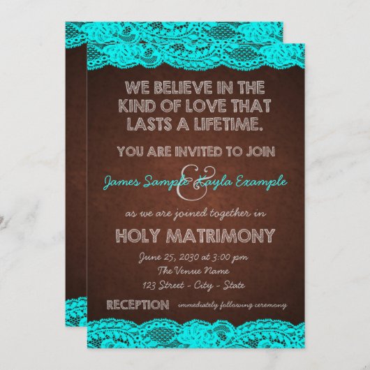 Invitation Turquoise rustique et Mariage Brown (Devant / Derrière)
