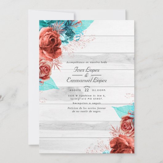 Invitation Turquoise rustique et Mariage floral de corail (Devant)