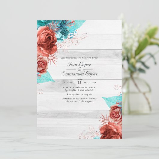 Invitation Turquoise rustique et Mariage floral de corail (Debout devant)