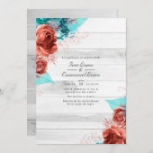 Invitation Turquoise rustique et Mariage floral de corail (Devant / Derrière)