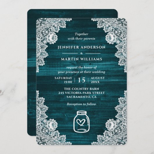 Invitation Turquoise Rustique Mason Jar Floral Mariage de den (Devant / Derrière)