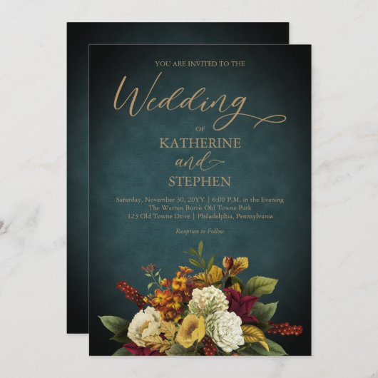 Invitation Turquoise rustique | Orange | Mariage de bouquet d (Devant / Derrière)