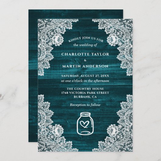 Invitation Turquoise rustique Pays Bois Mason Jar Mariage (Devant / Derrière)