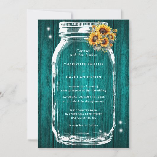 Invitation Turquoise rustique Tournesol Mason Jar Mariage (Devant)