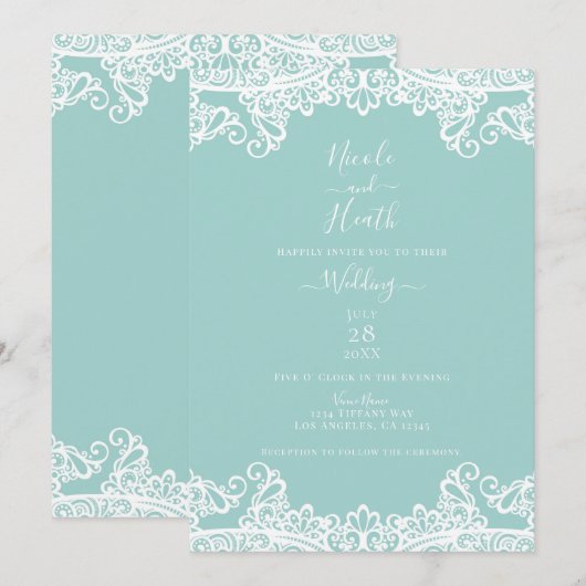 Invitation Turquoise Sarcelle Blanc Dentelle Élégant Mariage  (Devant / Derrière)