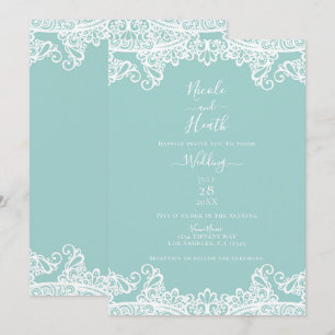 Invitation Turquoise Sarcelle Blanc Dentelle Élégant Mariage 