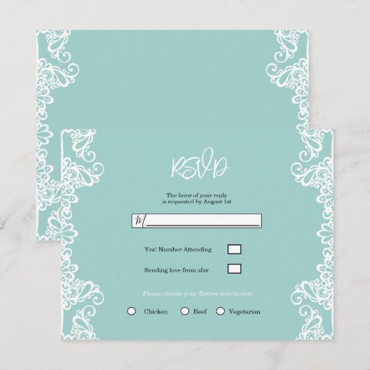 Invitation Turquoise Sarcelle Blanc Dentelle Élégant Réponse (Devant / Derrière)
